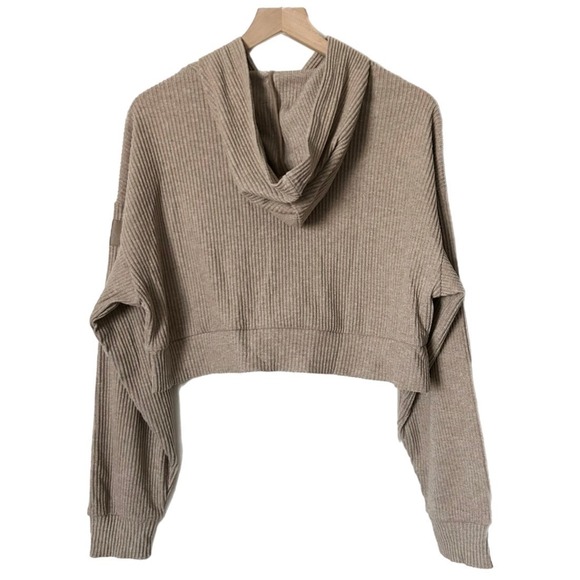 Alo Yoga Muse Ribbed Cropped Hoodie Gravel Heather Tan Pullover Size Small - Picture 3 of 4